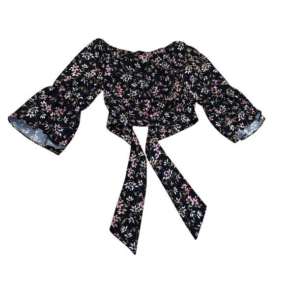 Parker Tie Front Black Floral Print Off the Shoulder Top Bell Sleeves XS Womens - Picture 5 of 5
